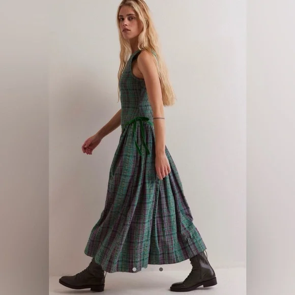 Free People Nightingale Plaid Maxi Dress L Green Purple Smocked Cottagecore - Picture 1 of 8
